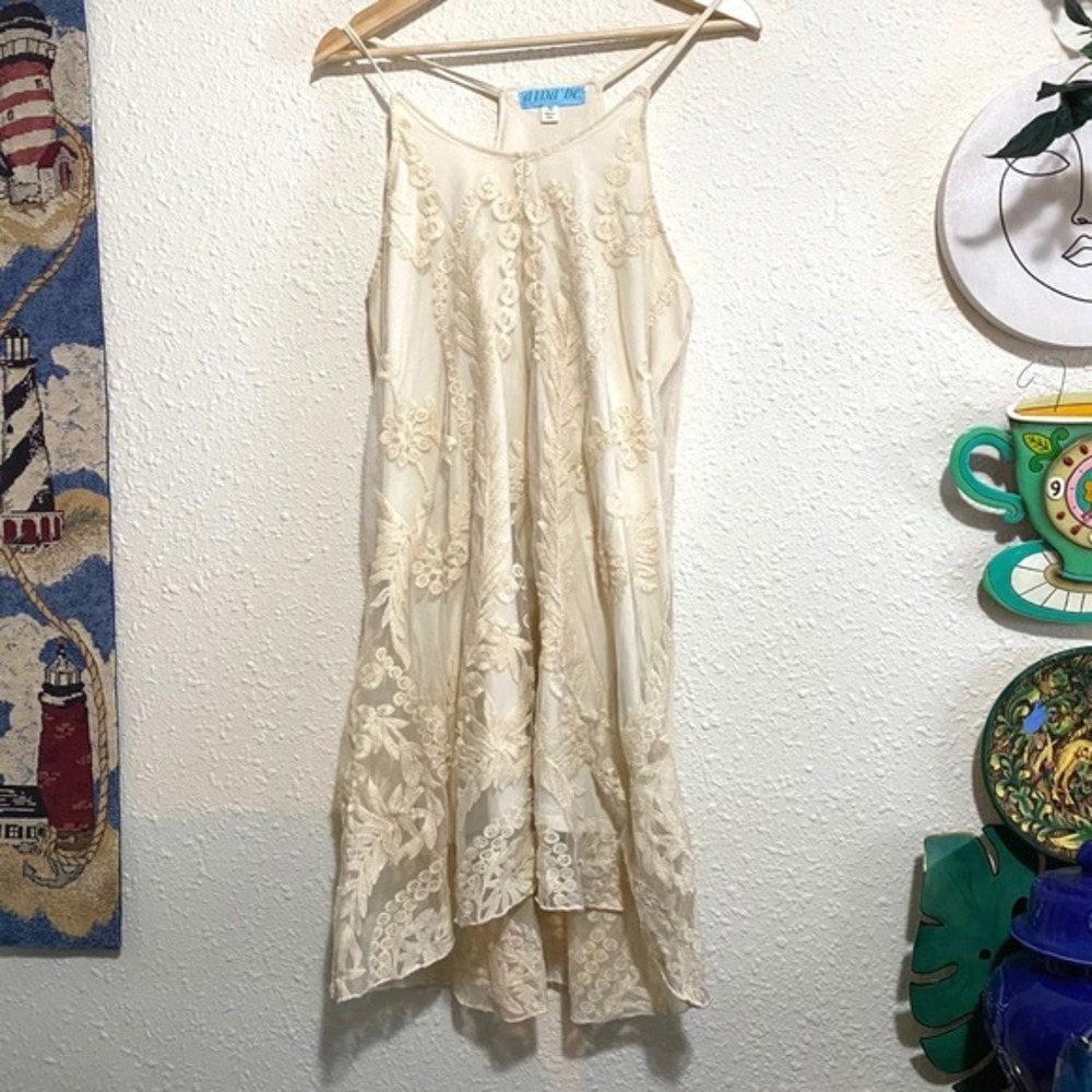 Anna Be Lace Overlay Dress Cream Ivory Spaghetti Strap‎ Midi Women's Medium Y2K